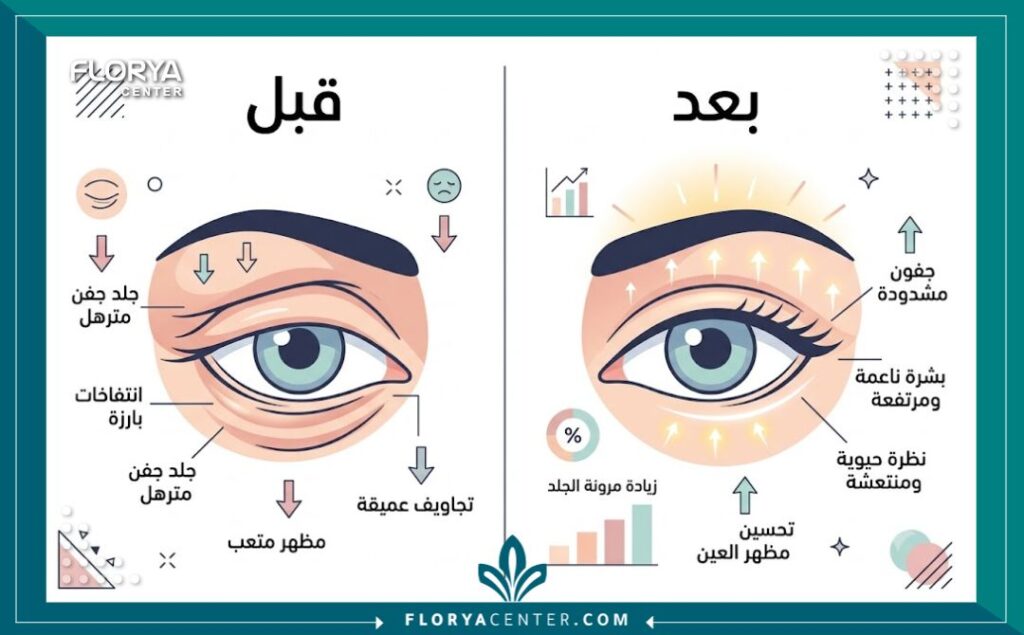 إنفوجرافيك يقارن بين شكل الجفون المترهلة والغائرة قبل الجراحة ومظهرها المشدود بعد تجميل الجفون بعد فقدان الوزن إثر الدايت القاسي.