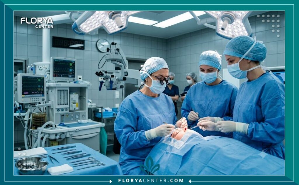 فريق طبي متخصص داخل غرفة عمليات حديثة ومجهزة بالكامل لإجراء جراحة شد وتجميل الجفون بأحدث التقنيات.