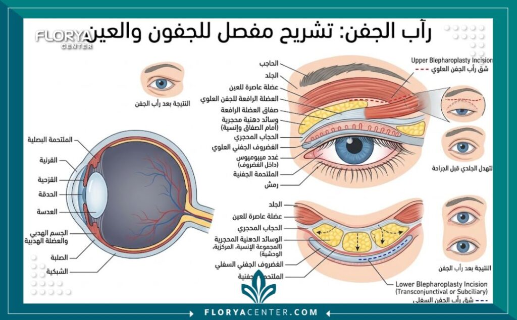 رسم توضيحي طبي لتشريح الجفن العلوي والسفلي، يشرح كيفية إزالة الدهون الزائدة والجلد المترهل في جراحة تجميل الأجفان.
