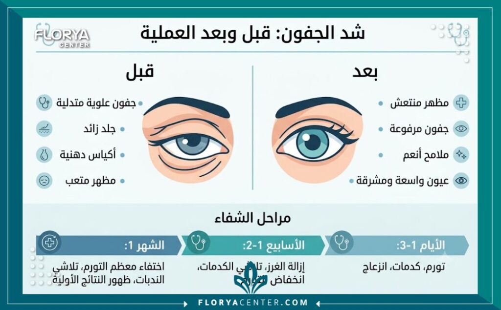 إنفوجرافيك يقارن بين حالة العين قبل وبعد عملية شد الجفون، ويستعرض خطوات التعافي والنتائج المتوقعة للتخلص من التجاعيد.