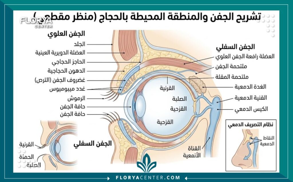 رسم توضيحي طبي لتشريح منطقة العين والجفون لشرح طرق تجميل الجفون وإخفاء التجاعيد.