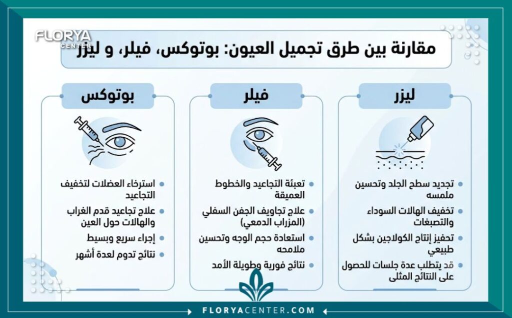 إنفوجرافيك يوضح مقارنة بين طرق تجميل الجفون وإخفاء التجاعيد باستخدام البوتوكس والفيلر والليزر.
