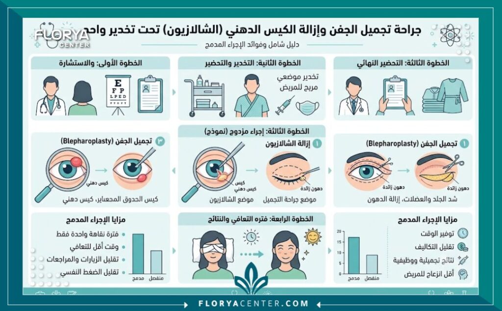 إنفوجرافيك يوضح خطوات ومزايا دمج عملية إزالة الكيس الدهني مع تجميل الجفون في تخدير واحد.