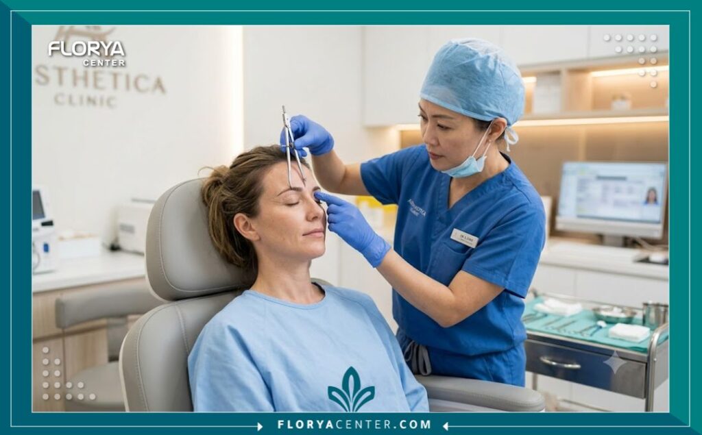 تجميل الجفون وتنسيق الحواجب 4 جراح تجميل متخصص يقوم بفحص وتخطيط منطقة الحاجب والجفن العلوي للمريضة داخل عيادة حديثة.