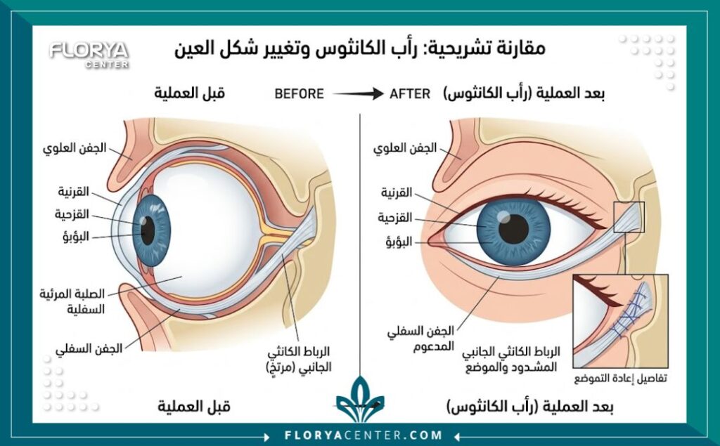 رسم توضيحي طبي لتشريح العين يوضح الفرق بين العين الدائرية والعين اللوزية المسحوبة قبل وبعد عملية التجميل.