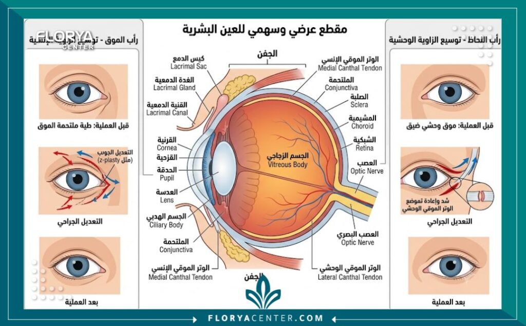 رسم توضيحي طبي يشرح تشريح العين وخطوات عملية تجميل العيون الصغيرة وتوسيعها.