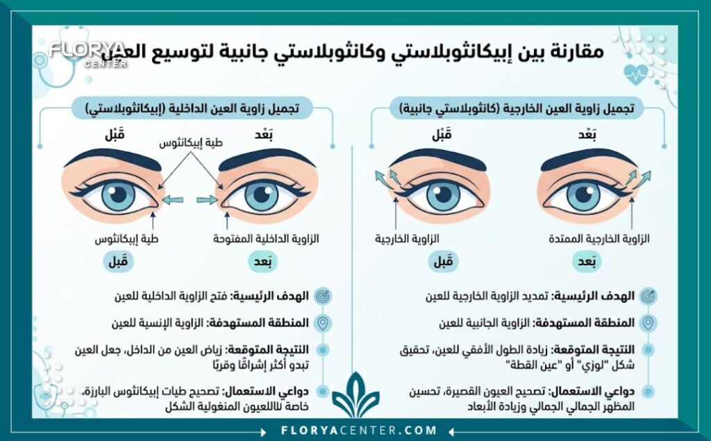 إنفوجرافيك يقارن بين تقنيات توسيع زوايا العين الداخلية والخارجية في جراحات تجميل العيون.