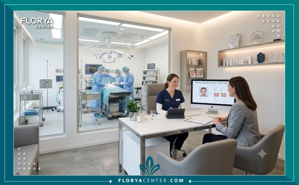 عيادة تجميل حديثة وغرفة عمليات مجهزة بأحدث التقنيات لإجراء جراحة تجميل العيون الصغيرة.