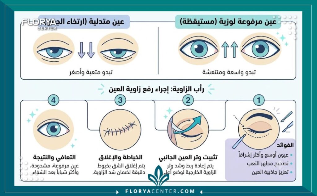 تجميل العيون الناعسة 3 إنفوجرافيك يوضح الفرق بين العيون الناعسة المرتخية والعيون المسحوبة بعد عملية تجميل الجفون.