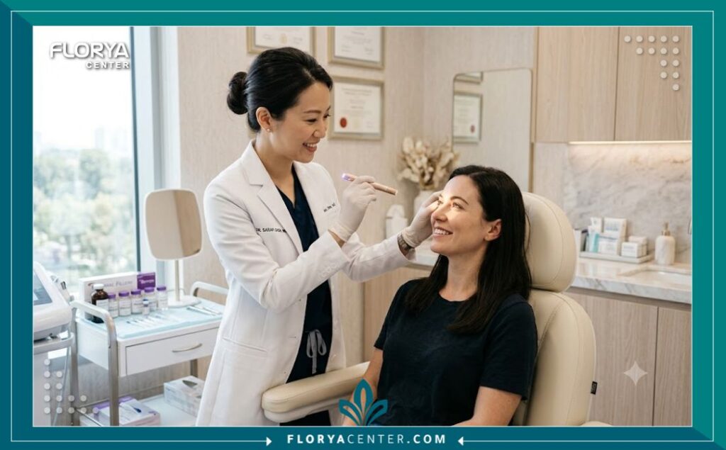 تجميل العيون الناعسة 4 طبيبة تجميل متخصصة تفحص عيون مريضة داخل عيادة مجهزة بأحدث التقنيات لعلاج العيون الناعسة.