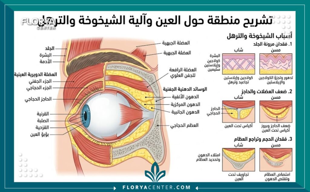 رسم توضيحي طبي دقيق لتشريح منطقة ما حول العين يوضح طبقات الجلد والعضلات والدهون لفهم أسباب الترهل وكيفية العلاج.
