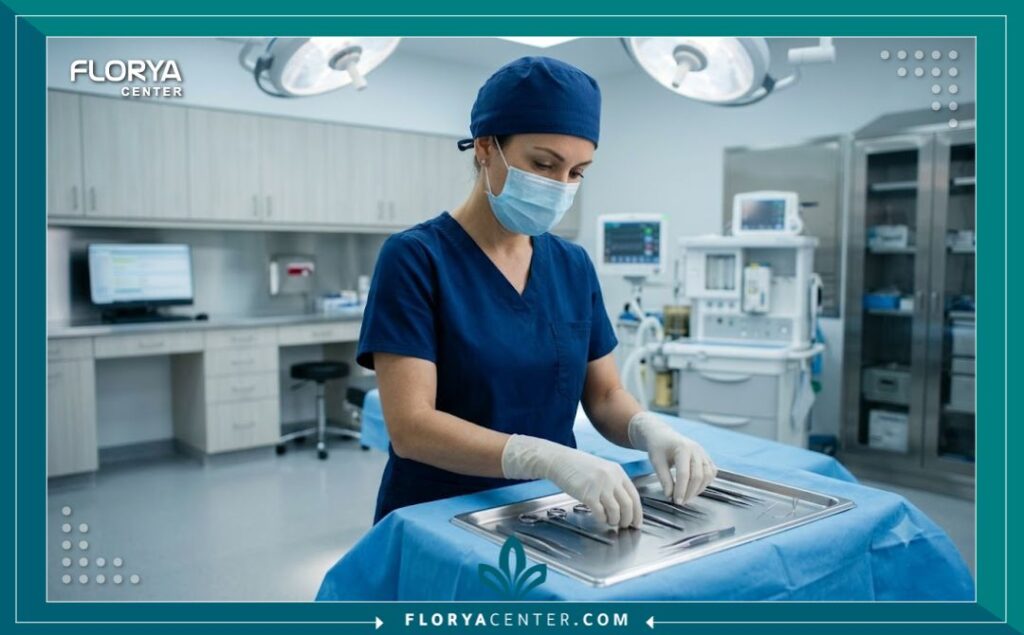 طبيب تجميل متخصص داخل عيادة مجهزة بأحدث التقنيات الطبية استعداداً لإجراء عمليات تجميل ما حول العين في بيئة آمنة ومعقمة.