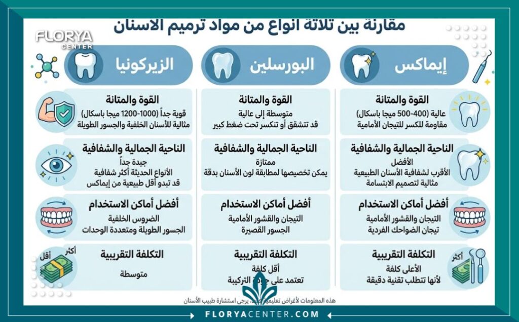 تركيبات الاسنان في تركيا 3 إنفوجرافيك يقارن بين أفضل أنواع مواد تركيبات الاسنان مثل الزيركون والبورسلين.