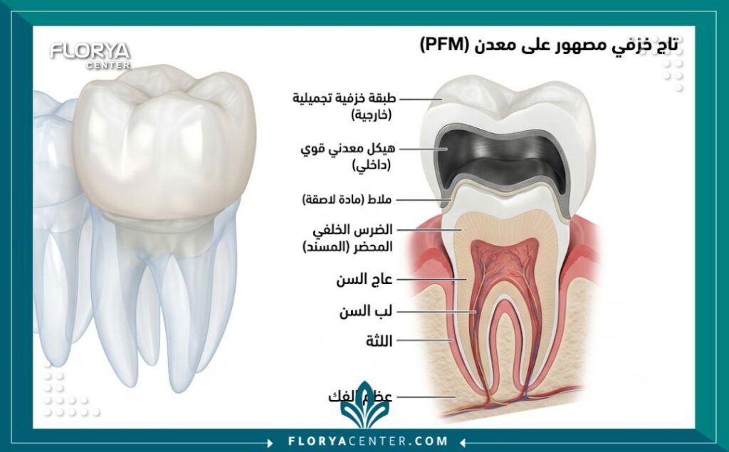 رسم توضيحي طبي يوضح تشريح تركيبات البورسلين المدعمة بالمعدن والمثالية للأضراس الخلفية.