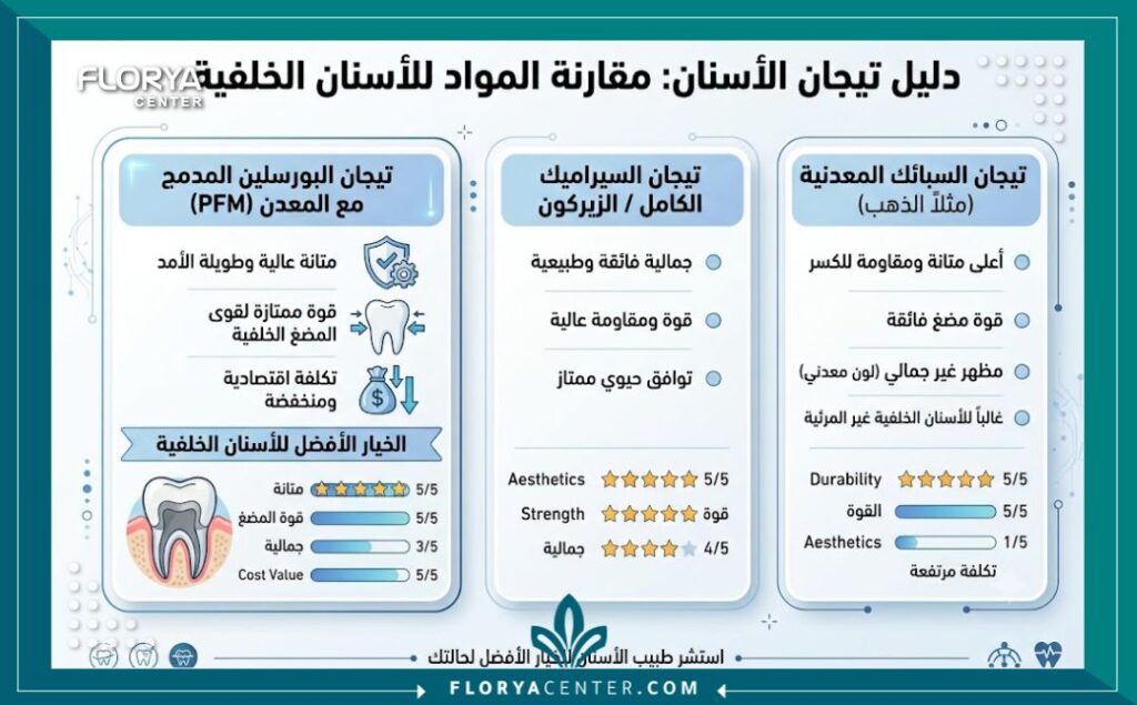 إنفوجرافيك يقارن أسعار ومتانة تركيبات البورسلين المدعمة بالمعدن كخيار اقتصادي قوي للأسنان.