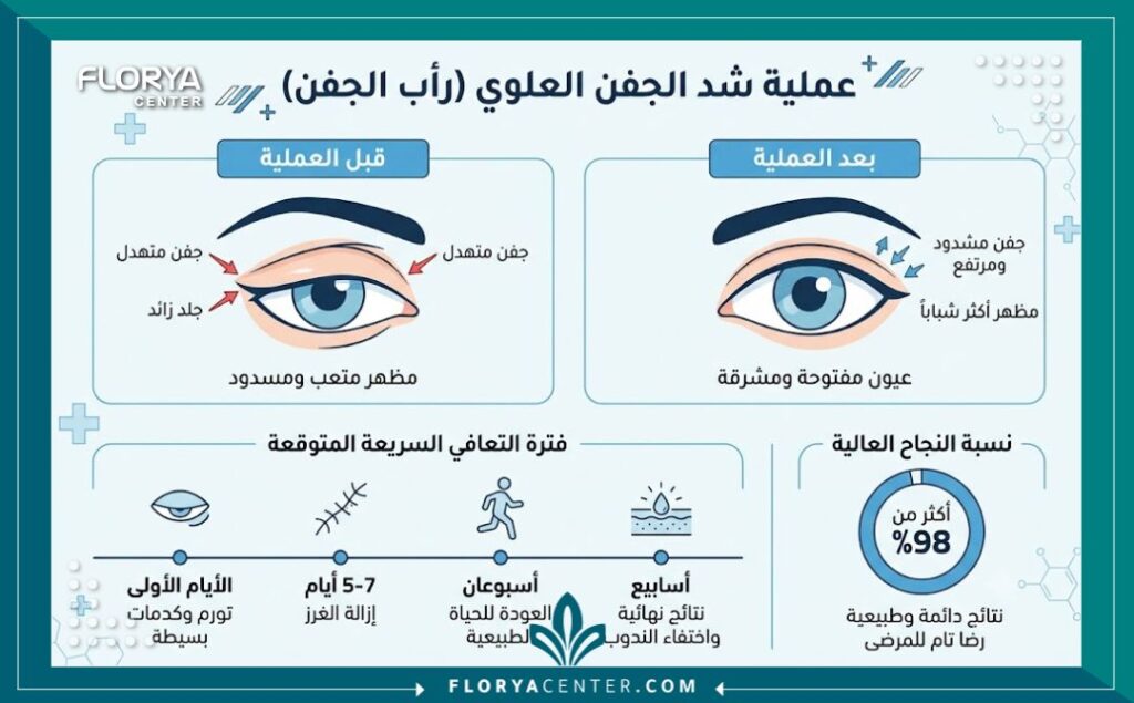 إنفوجرافيك طبي يوضح مقارنة قبل وبعد جراحة تصغير الجفن العلوي ونسب النجاح ومدة التعافي.