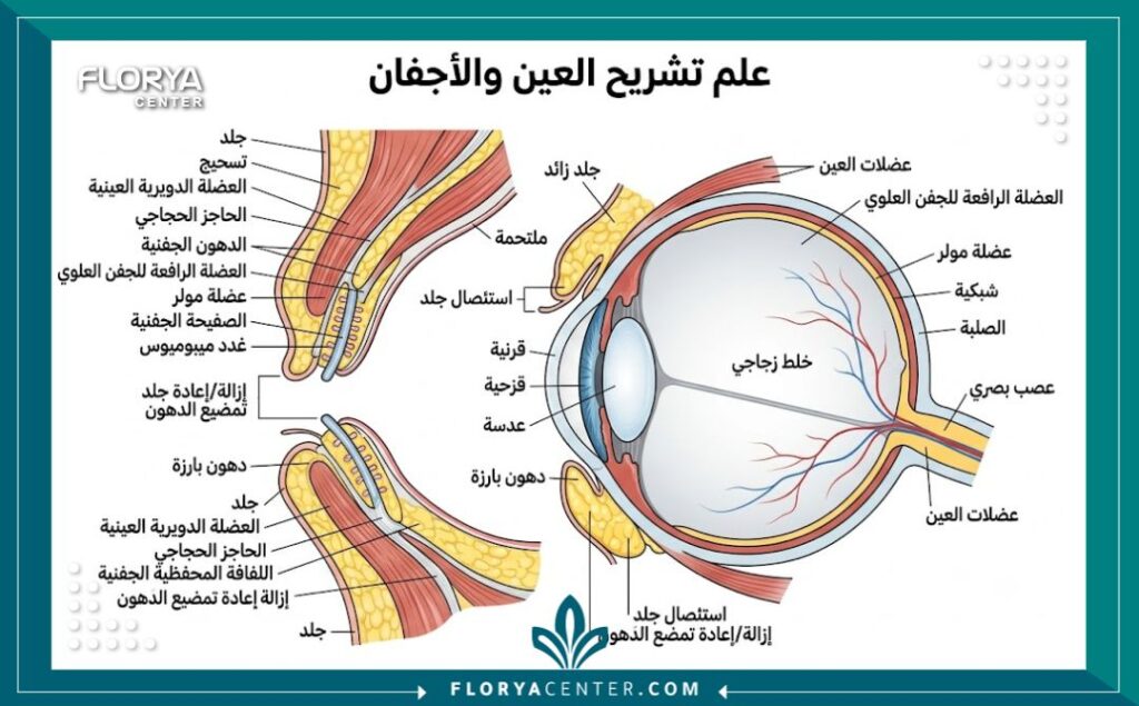رسم توضيحي طبي دقيق يشرح تشريح الجفن العلوي والسفلي والمناطق المستهدفة لإزالة الترهلات في جراحة رأب الجفن.