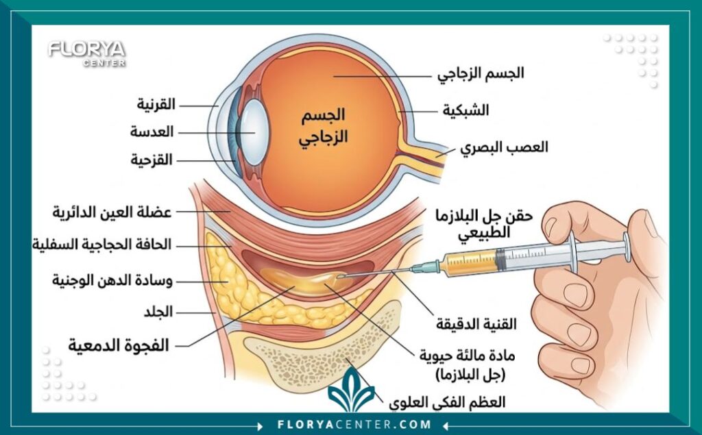 رسم توضيحي طبي لتشريح منطقة تحت العين يوضح كيفية حقن الفيلر الطبيعي لملء التجاويف العميقة.