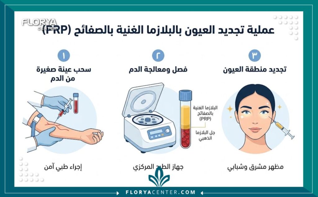إنفوجرافيك يشرح خطوات تقنية البيوفيلر بدءاً من سحب الدم وحتى تحضير البلازما جيل وحقن الجفون.
