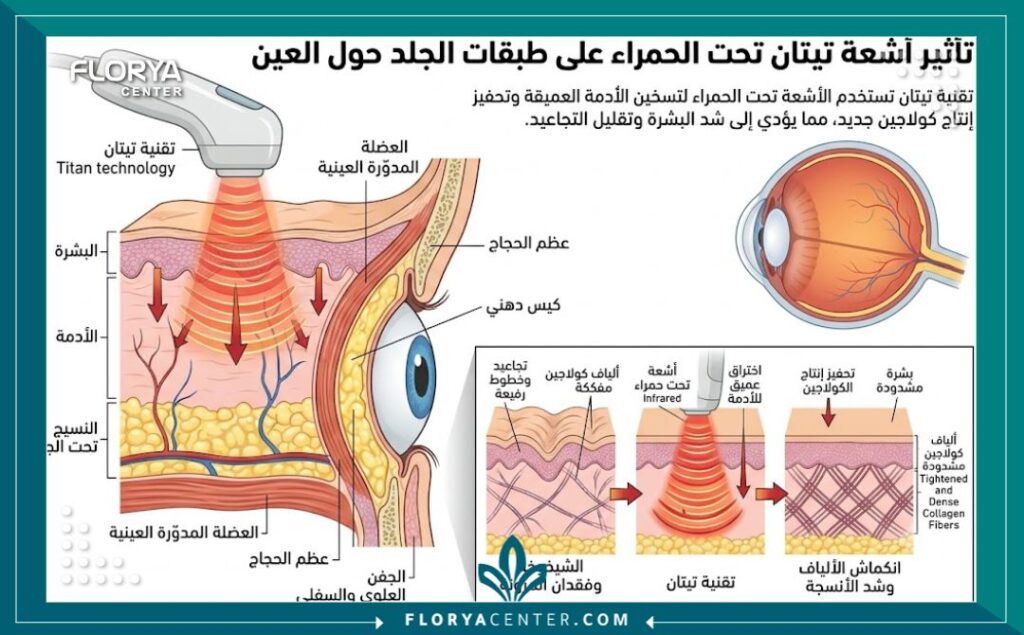 رسم توضيحي طبي يبين كيفية عمل جهاز تيتان بالأشعة تحت الحمراء لشد الجفون وتحفيز الكولاجين في طبقات الجلد العميقة.