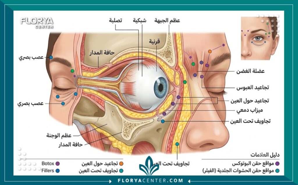 تقنية سوفت ليفت للعيون والجفون 2 رسم توضيحي طبي يوضح بدقة مناطق حقن الفيلر والبوتوكس في تقنية سوفت ليفت للعيون والجفون.