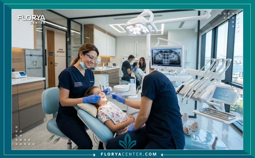 طبيب تقويم أسنان متخصص يفحص طفلاً في عيادة أسنان حديثة ومجهزة بأحدث التقنيات في إسطنبول لتقويم اسنان للاطفال في تركيا.