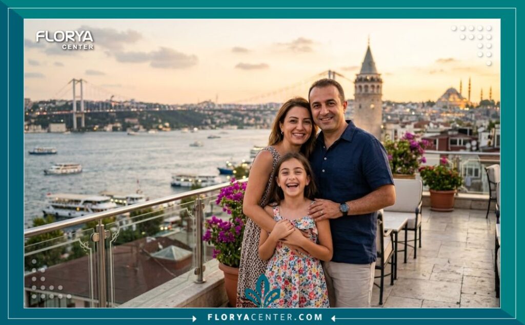 عائلة سعيدة مع طفلهم المبتسم بتقويم الأسنان أمام جسر البوسفور، تعبيراً عن نجاح رحلة السياحة العلاجية في تركيا.