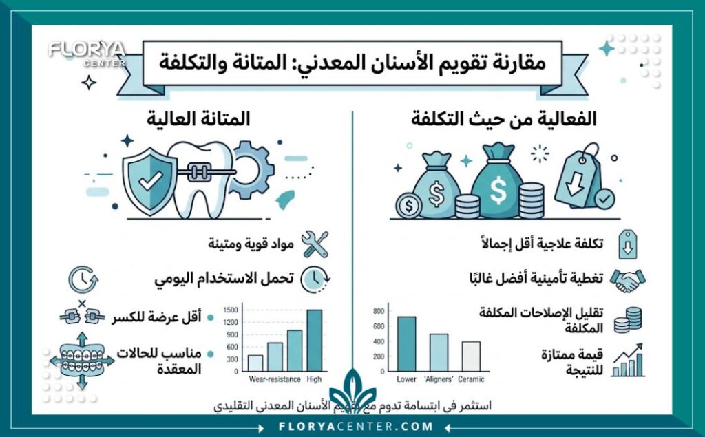إنفوجرافيك يوضح مميزات وتقويم الاسنان المعدني في تركيا المعدني وفعاليته مقارنة بالأنواع الأخرى.