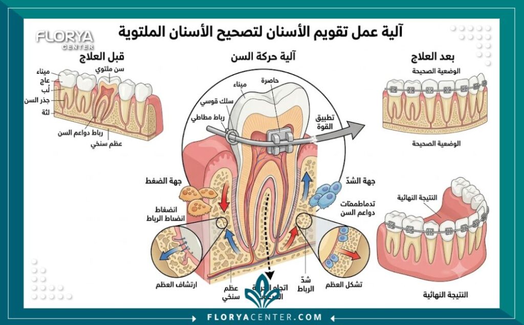 تقويم الاسنان في تركيا 2 رسم توضيحي طبي دقيق يشرح تشريح السن وآلية عمل تقويم الأسنان في تصحيح الاعوجاج واصطفاف الأسنان.