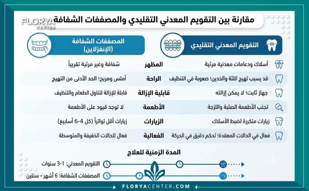 تقويم الاسنان في تركيا 3 إنفوجرافيك طبي يقارن بين أنواع تقويم الأسنان المختلفة مثل التقويم المعدني والشفاف ومميزات كل نوع في تركيا.