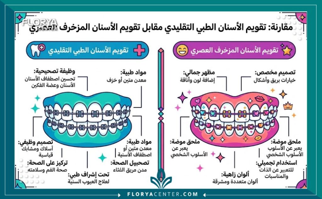 إنفوجرافيك يقارن بين تقويم الأسنان العلاجي وتقويم الزينة التجميلي كصيحة من صيحات الموضة.