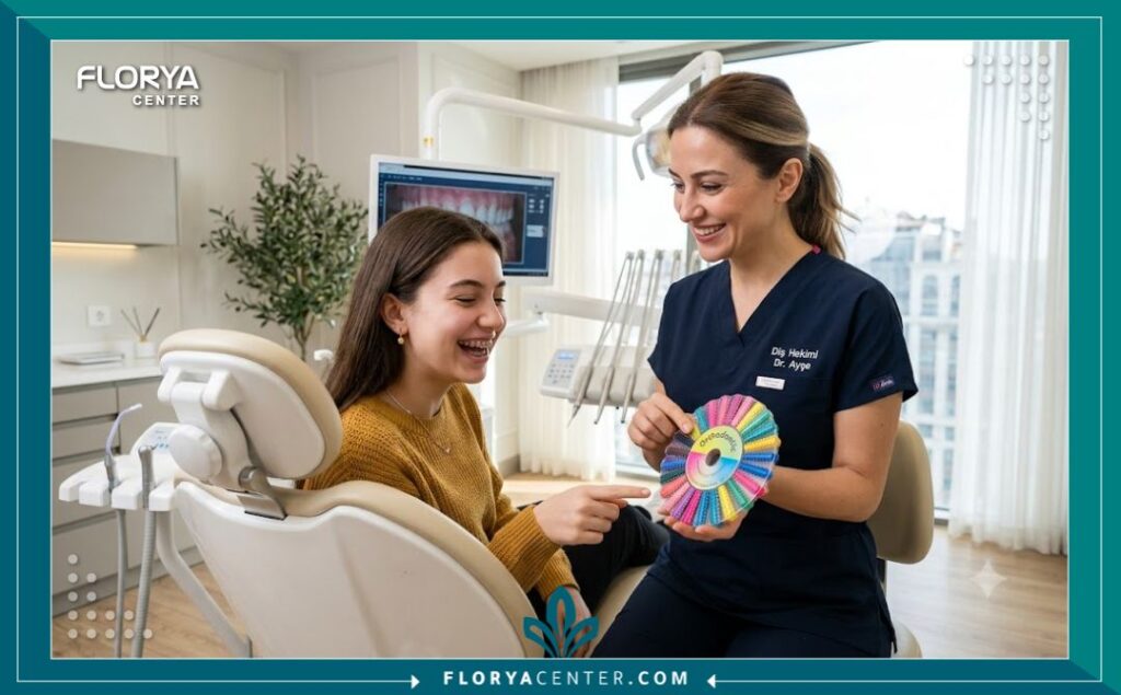 طبيب أسنان في عيادة تجميل أسنان تركية فاخرة يعرض ألوان تقويم الزينة على مريضة.