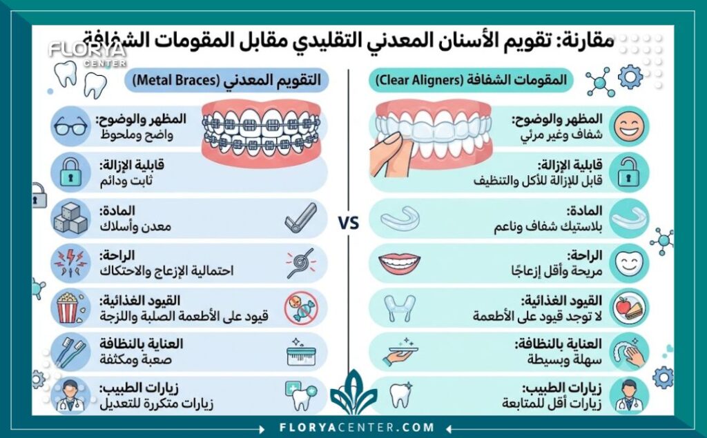 تقويم شفاف في تركيا 3 إنفوجرافيك يقارن بين مميزات التقويم الشفاف الانفزلاين والتقويم المعدني التقليدي للبالغين.