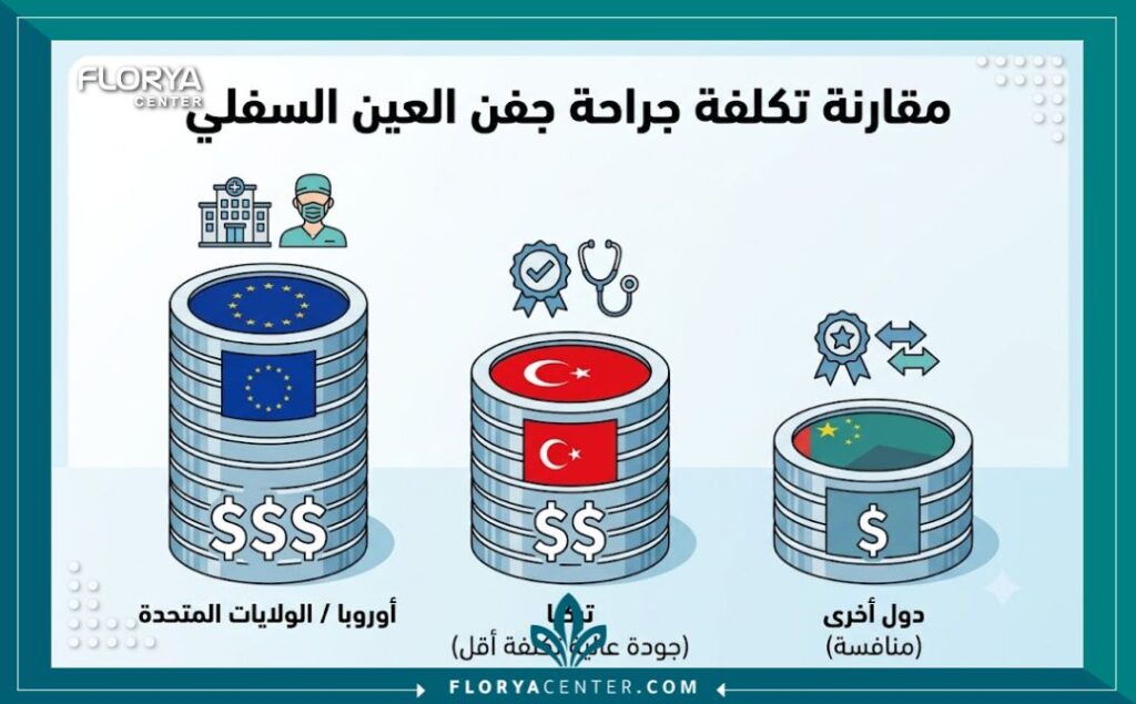 تكلفة إزالة دهون العين في تركيا 3 مخطط معلومات بياني (انفوجرافيك) يقارن تكلفة إزالة دهون العين في تركيا والدول الأوروبية والولايات المتحدة، موضحاً التوفير في تركيا.