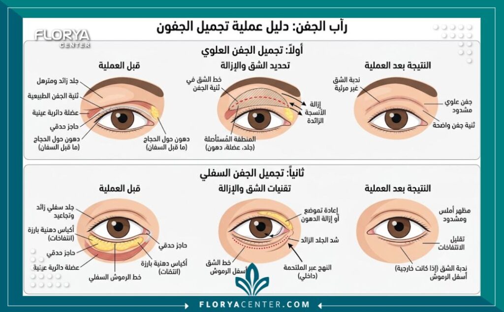 تكلفة تجميل الجفون في تركيا 2 مخطط طبي يوضح طريقة قص الجفون وإزالة الجلد الزائد والدهون في عملية تجميل جفن العين.
