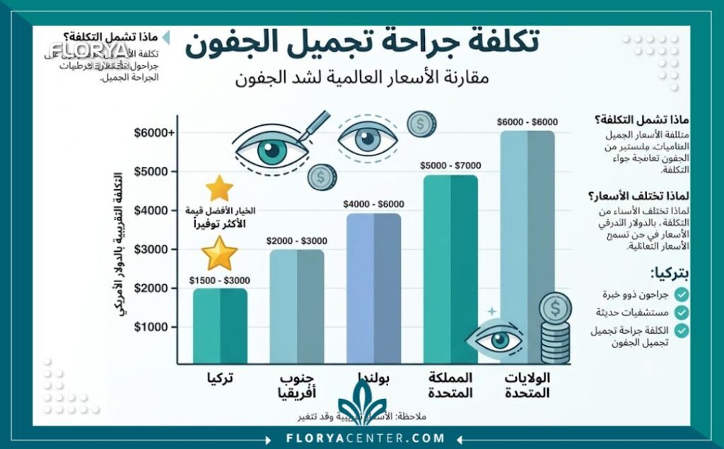 إنفوجرافيك يوضح مقارنة تكلفة جراحة تجميل الجفون في تركيا مقارنة بالدول الأوروبية لتوضيح الفارق السعري.