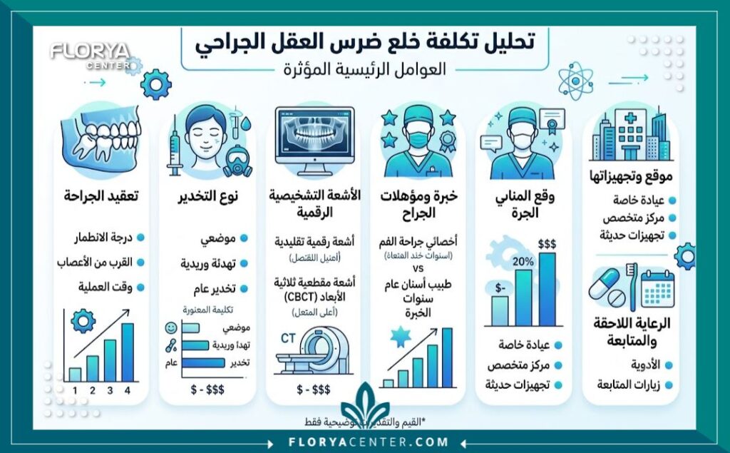 إنفوجرافيك يوضح العوامل المؤثرة على أسعار وتكلفة خلع ضرس العقل جراحياً
