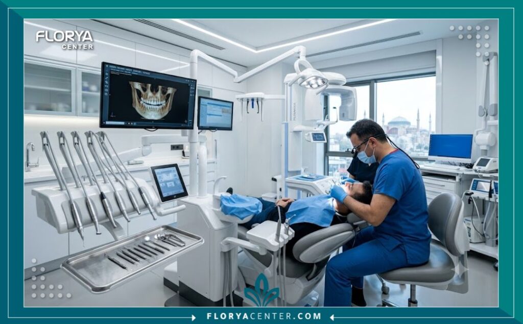 غرفة عمليات جراحية معقمة ومجهزة بتقنيات حديثة لزراعة الأسنان في مركز طبي تركي