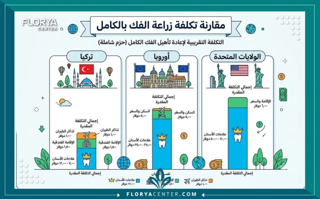 إنفوجرافيك يوضح مقارنة أسعار وتكلفة زراعة الأسنان للفك بالكامل في تركيا
