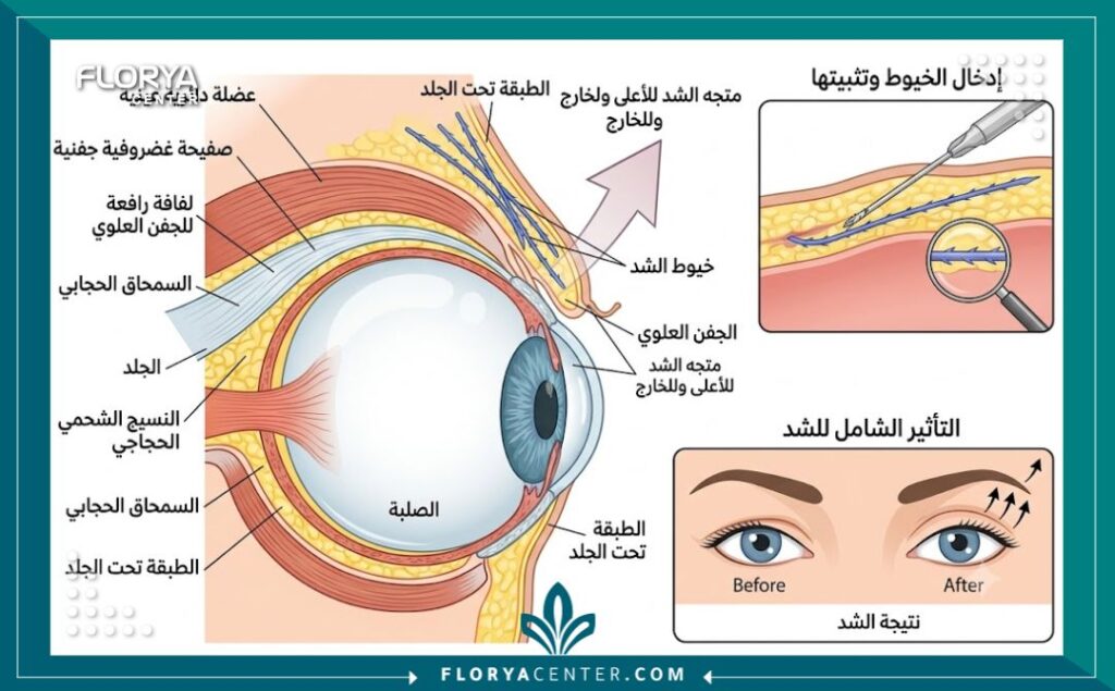 مخطط توضيحي يبيّن آلية عمل خيوط شد الجفون في العيادات التجميلية بتركيا.