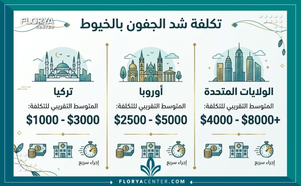 إنفوجرافيك يوضح مقارنة أسعار عملية شد الجفون بالخيوط في تركيا مقارنة بالدول الأوروبية.