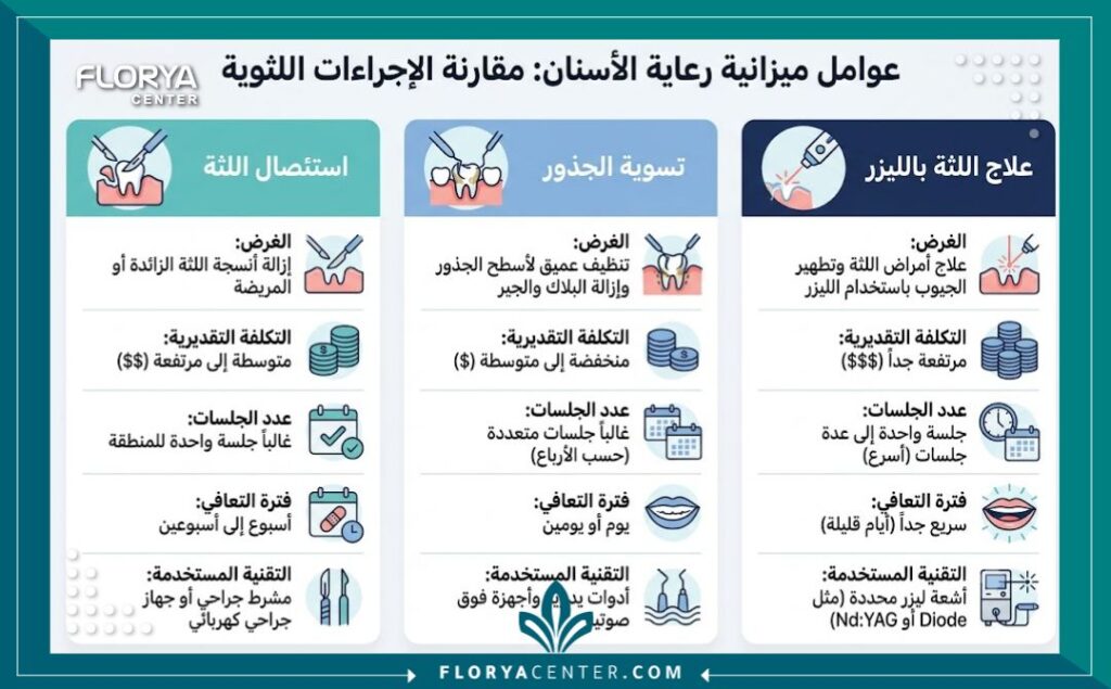 انفوجرافيك يوضح مقارنة أسعار وأنواع علاج اللثة في تركيا مثل قص اللثة وكشط الجذور