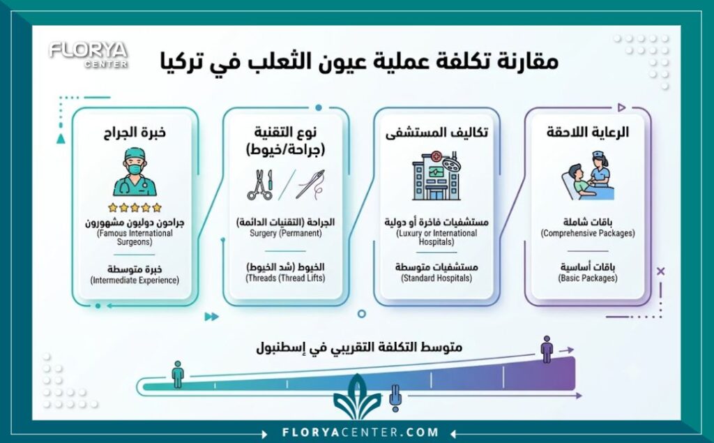 إنفوجرافيك يوضح العوامل المؤثرة على ميزانية وتكلفة عملية الفوكسي آي في تركيا بمختلف التقنيات الجراحية والخيوط.
