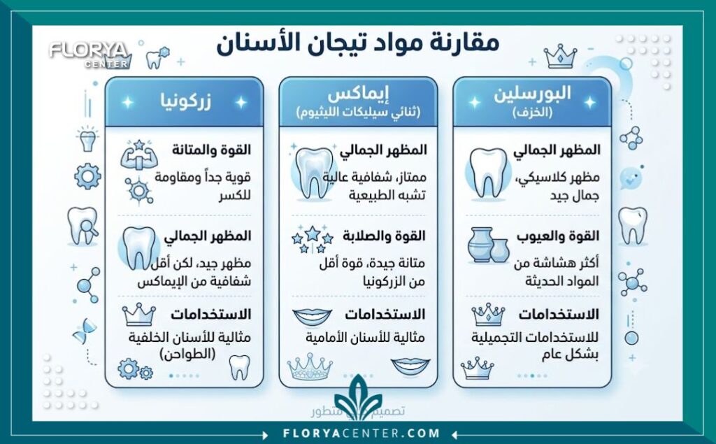 إنفوجرافيك يقارن بين أنواع المواد المستخدمة في تلبيسة الأسنان مثل الزيركون والإيماكس.