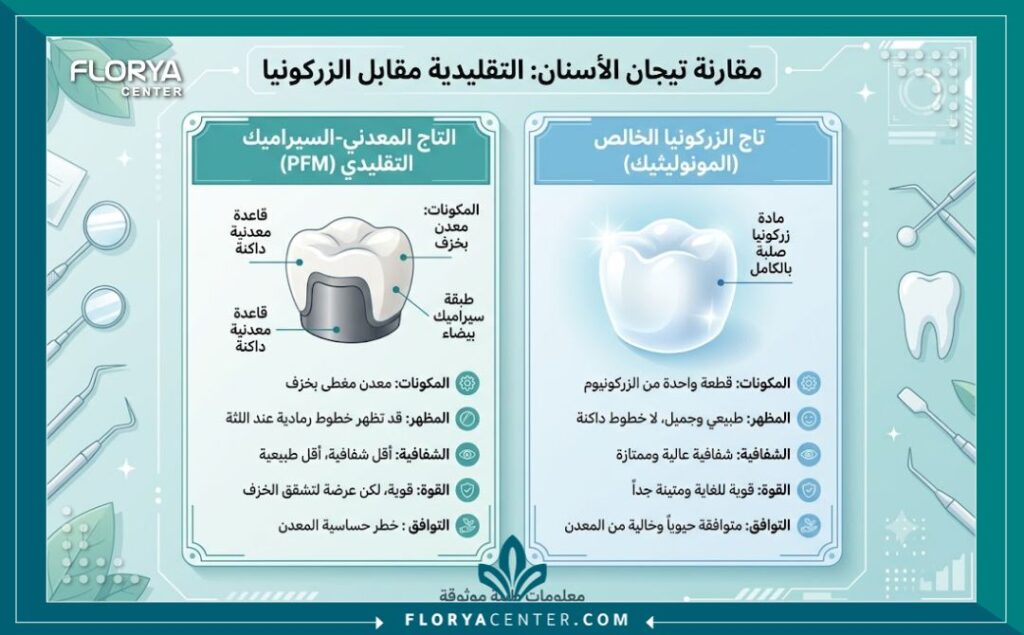 تلبيسة زيركون في تركيا 3 إنفوجرافيك يقارن بين تلبيسات الزيركون الخالية من المعدن وتلبيسات البورسلان ذات القلب المعدني لبيان التفوق في الشفافية والصلابة.
