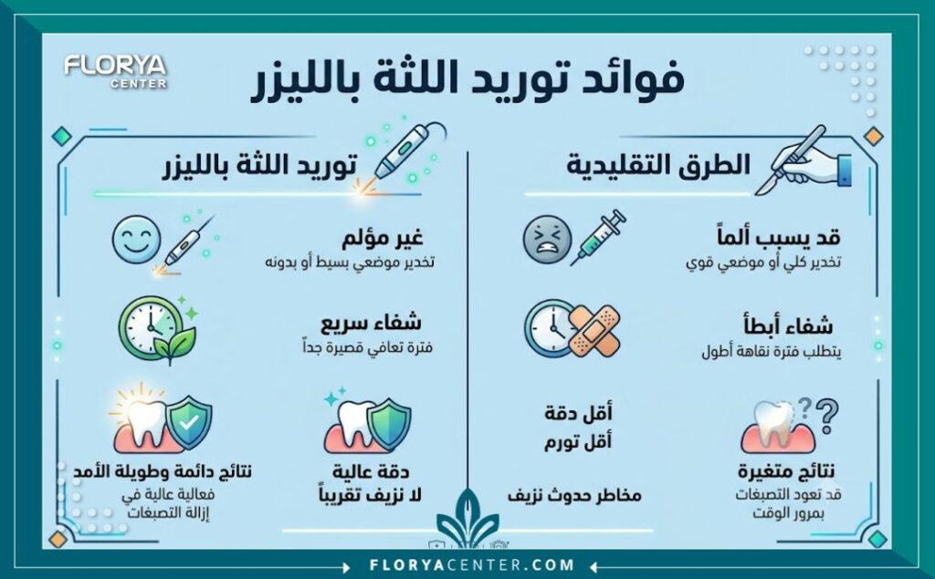 انفوجرافيك يبين مميزات وفوائد توريد اللثة بالليزر في تركيا مقارنة بالطرق الأخرى.