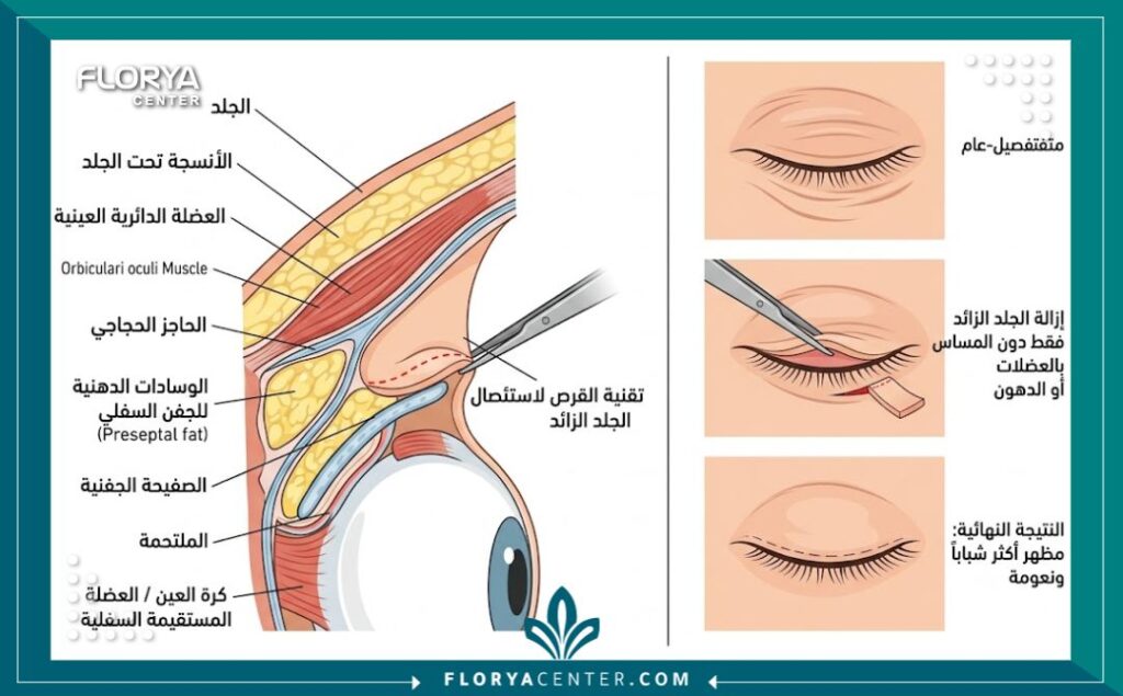 رسم توضيحي طبي يشرح تشريح الجفن السفلي وخطوات عملية استئصال الجلد الزائد تحت العين (Pinch Blepharoplasty).