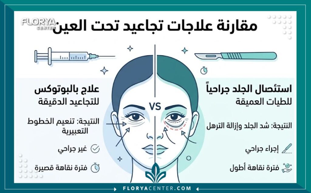 إنفوجرافيك طبي يقارن بين استخدام حقن البوتوكس والجراحة الفعالة للتخلص من الكسرات المتجعدة العميقة تحت العين.
