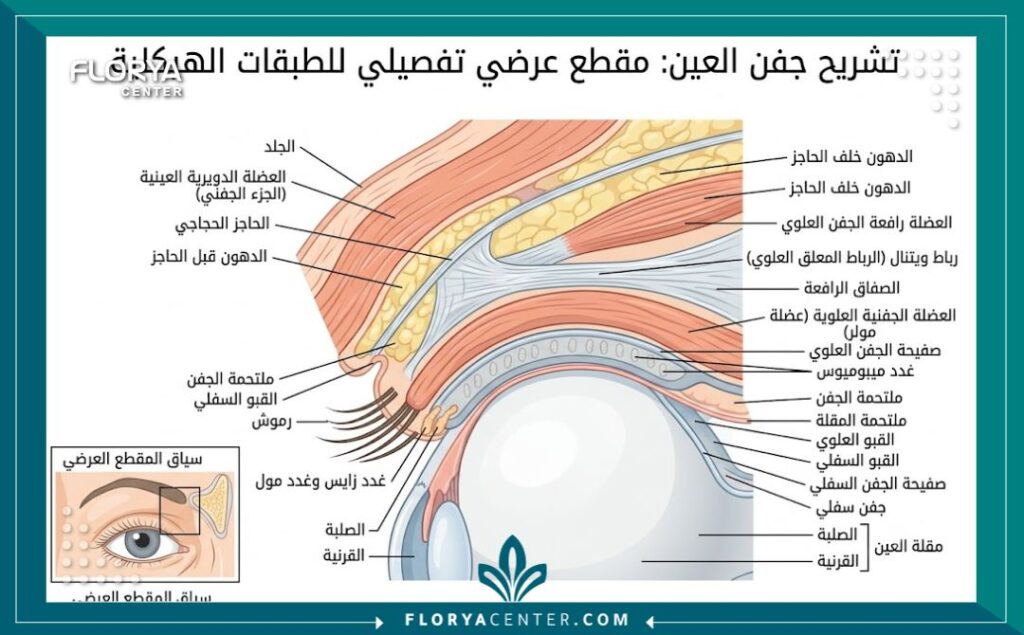 رسم توضيحي طبي لتشريح جفن العين والطبقات العضلية المستهدفة في جراحة ترميم الجفون.