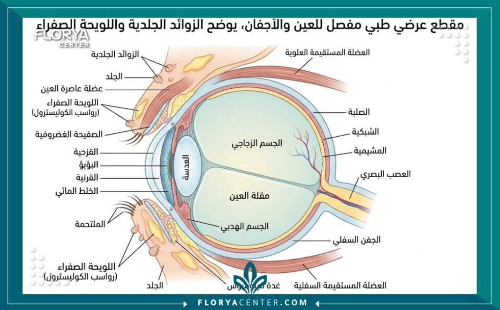 جراحة استئصال الزوائد الجلدية بالعين 2 رسم توضيحي طبي لطبقات الجفن يوضح أماكن ظهور اللويحات الصفراء والزوائد الجلدية حول العين.